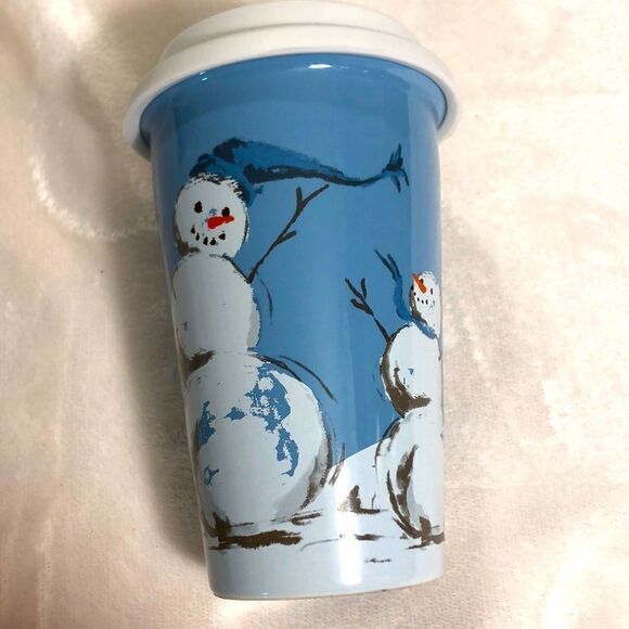 SNOWMEN CERAMIC cup with lid. 3 Snowmen. Never used. NWOT - Picture 1 of 7